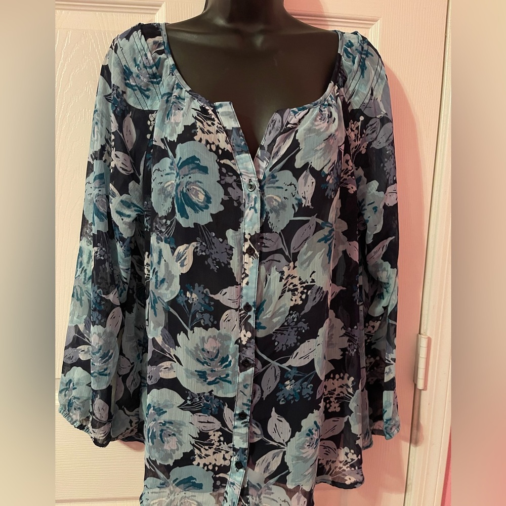 Croft & Barrow Blue Floral Print Long Sleeve Sheer Buttoned Blouse Size L